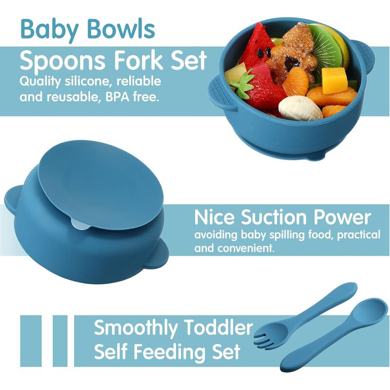 9-Piece Silicone Baby Feeding Set – Suction Plates & Bowls with Spoon & Fork, Microwave & Dishwasher Safe, Matte Colors