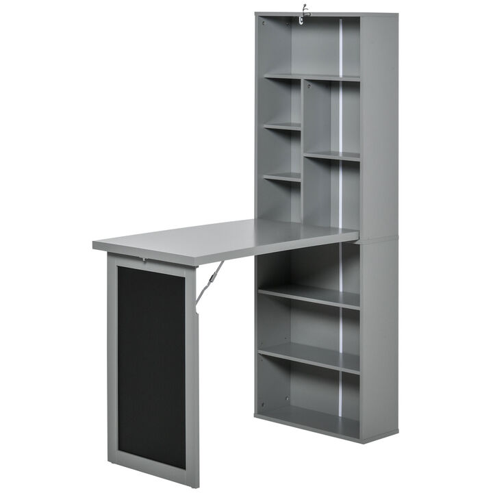 HOMCOM Fold-out Convertible Writing Table Wall Mount Desk Cabinet with Blackboard and Side Shelf Multi-Function Home Office Workstation, Grey
