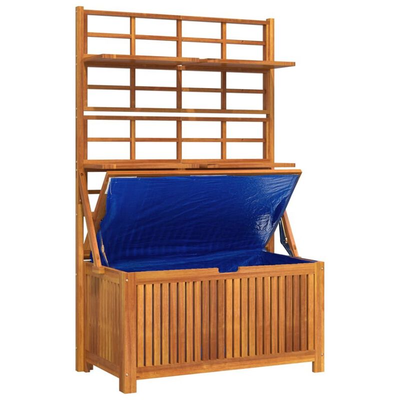 Outdoor Storage Box with Trellis n Shelves, 63 Inch, Brown Acacia Wood - Benzara