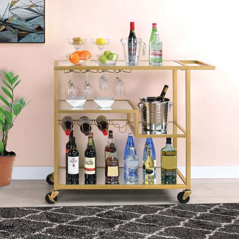 Metal Framed Serving Cart with Wine Bottle Holder and Stemware, Gold and Clear-Benzara