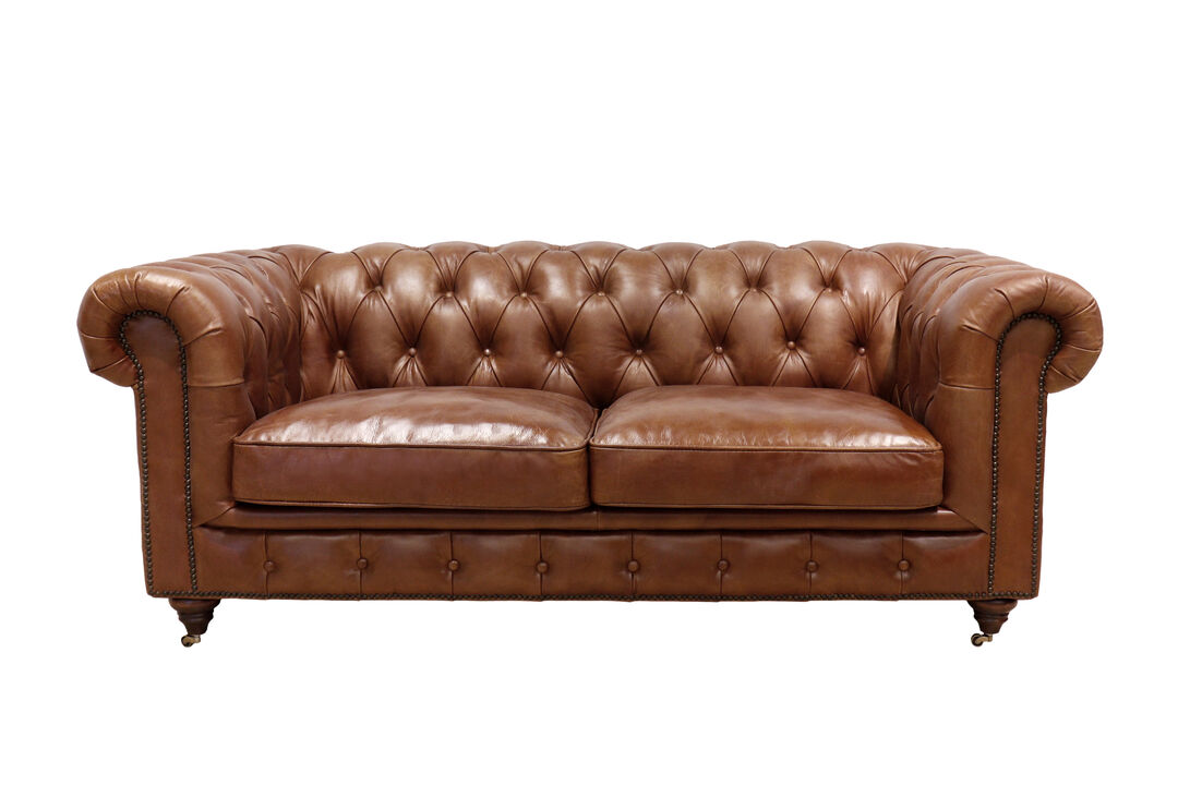 Pasargad Home Paris Club Top Grain Leather Tufted Loveseat, Brown