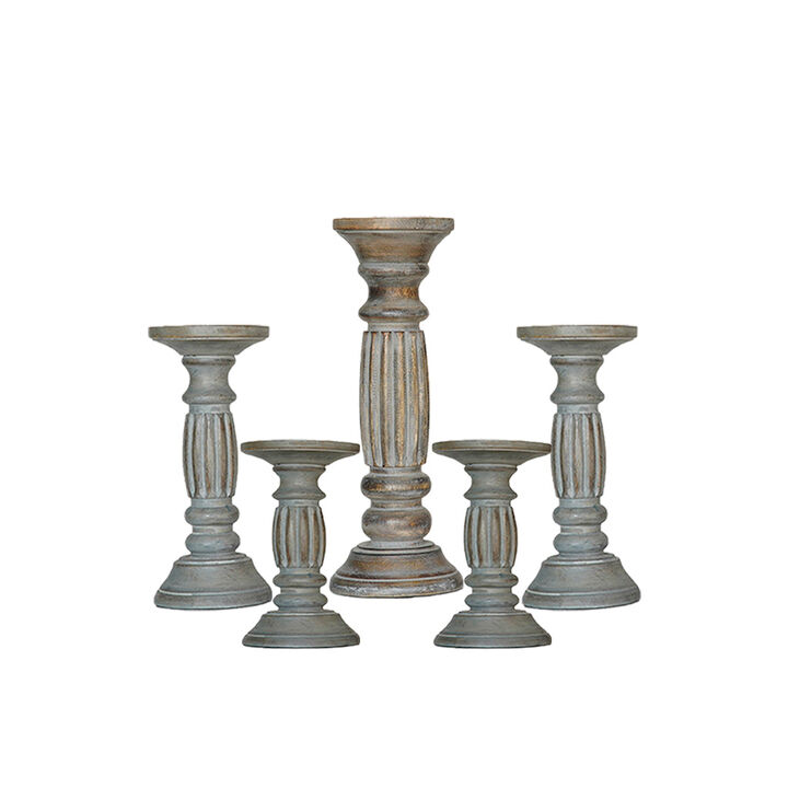Traditional Antique Dusk Eco-friendly Handmade Mango Wood Set Of Five 6",9",12",9" & 6" Pillar Candle Holder