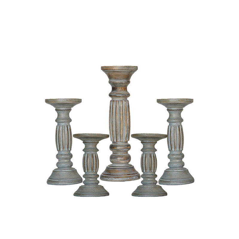 Traditional Antique Dusk Eco-friendly Handmade Mango Wood Set Of Five 6",9",12",9" & 6" Pillar Candle Holder