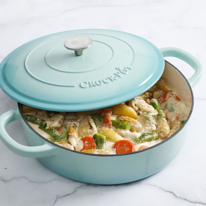 Crock Pot Artisan 5 Quart Enameled Cast Iron Braiser Pan with Lid in Gradient Aqua Blue