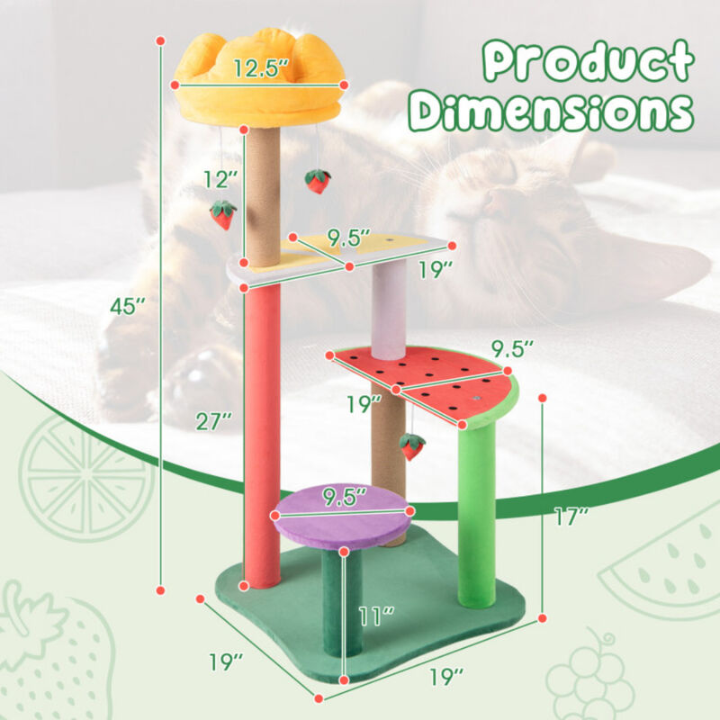 Multi-Level Cat Tree with Plush Padded Top Perch and Fruit-Shaped Platforms