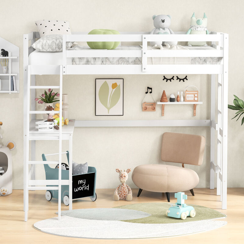 Twin Size Loft Bed Frame with Desk Angled and Built-in Ladder