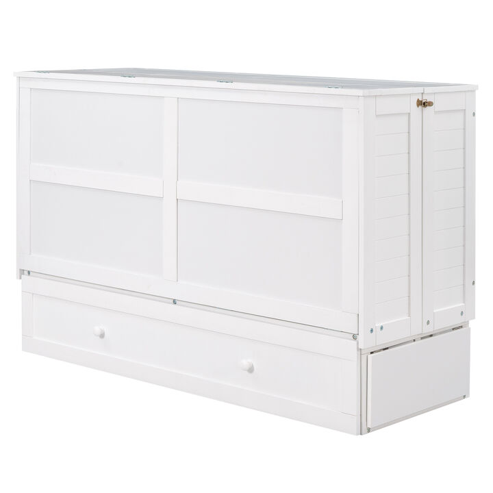 Queen Size Mobile Murphy Bed With Drawer And Little Shelves On Each Side
