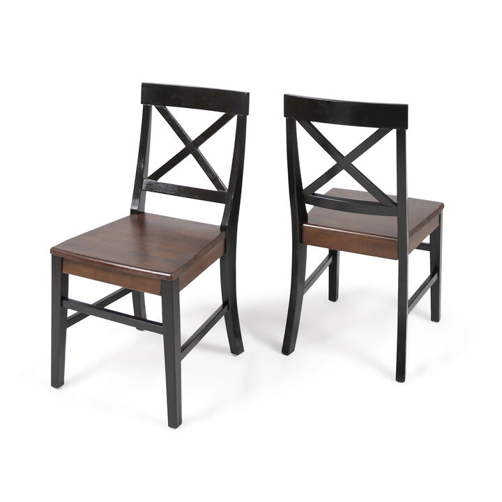 Ricks Dining Chair Set of 2, Crossed X Back, Acacia Wood, Dark Brown, Black - Benzara