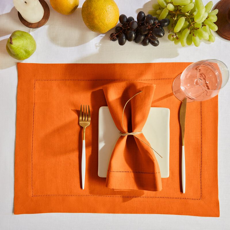 Solino Home 100% Pure Linen Placemats Set of 4, 14 x 19 Inch| Sonoma Hemstitch