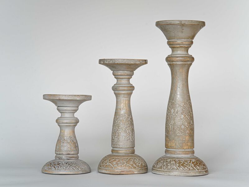 Traditional Gray Wash Eco-friendly Handmade Mango Wood Set Of Three 6",9" & 12" Pillar Candle Holder BBH Homes