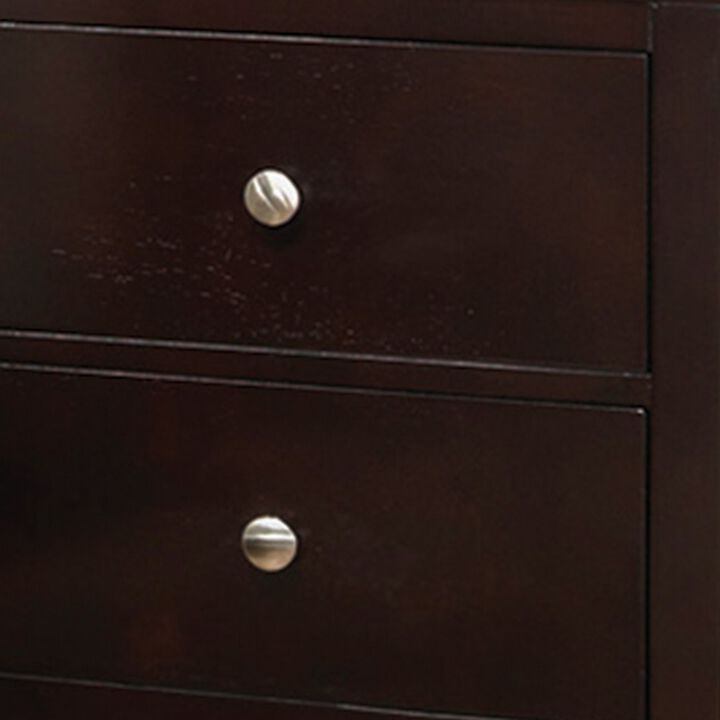 Con 26 Inch Modern 2 Drawer Nightstand, Silver Knobs, Cappuccino Brown-Benzara