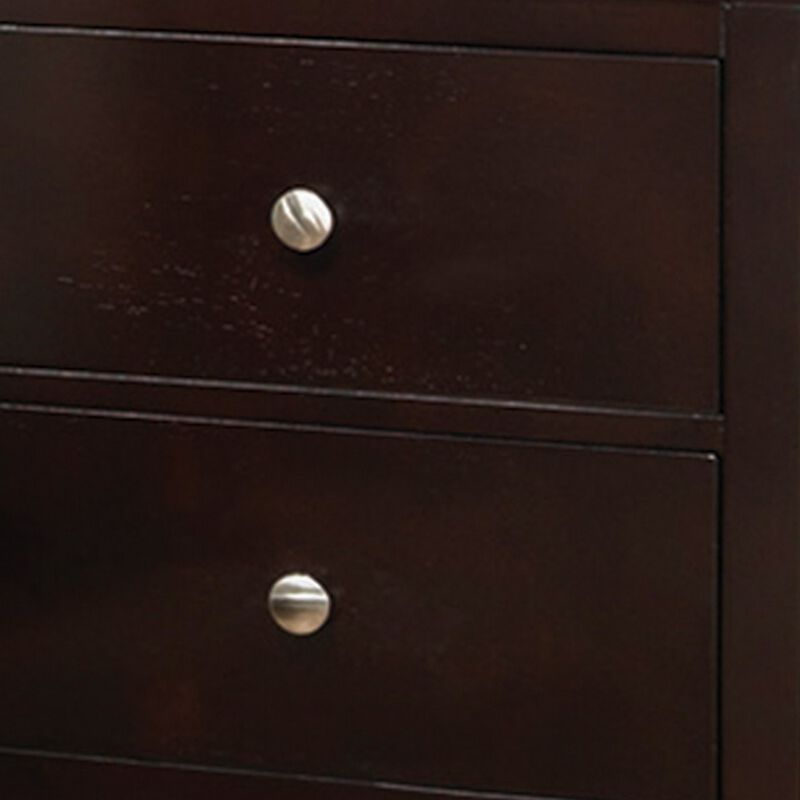 Con 26 Inch Modern 2 Drawer Nightstand, Silver Knobs, Cappuccino Brown-Benzara