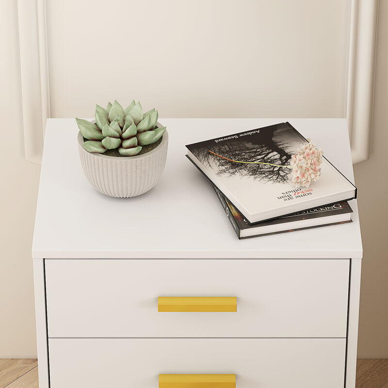 Modern Nightstand with 3 Storage Drawers & Gold Metal Legs, Minimalist and Versatile Bedside Table Sofa End Side Table, White (19.7" W x 15.7" D x 23.6" H)