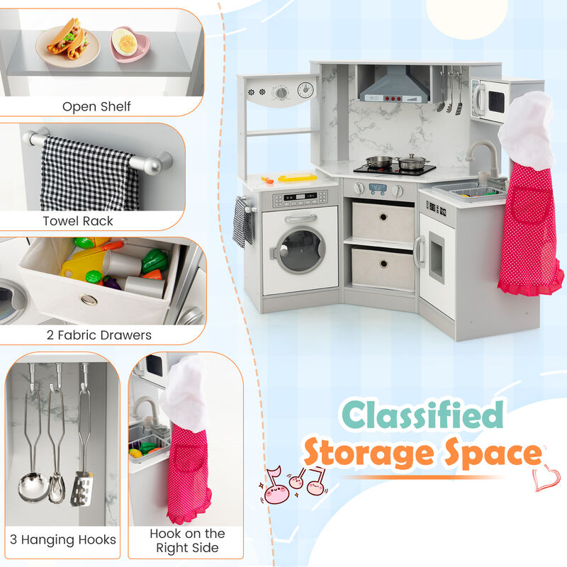 Wooden Kids Play Kitchen Playset with Realistic Lights and Sounds