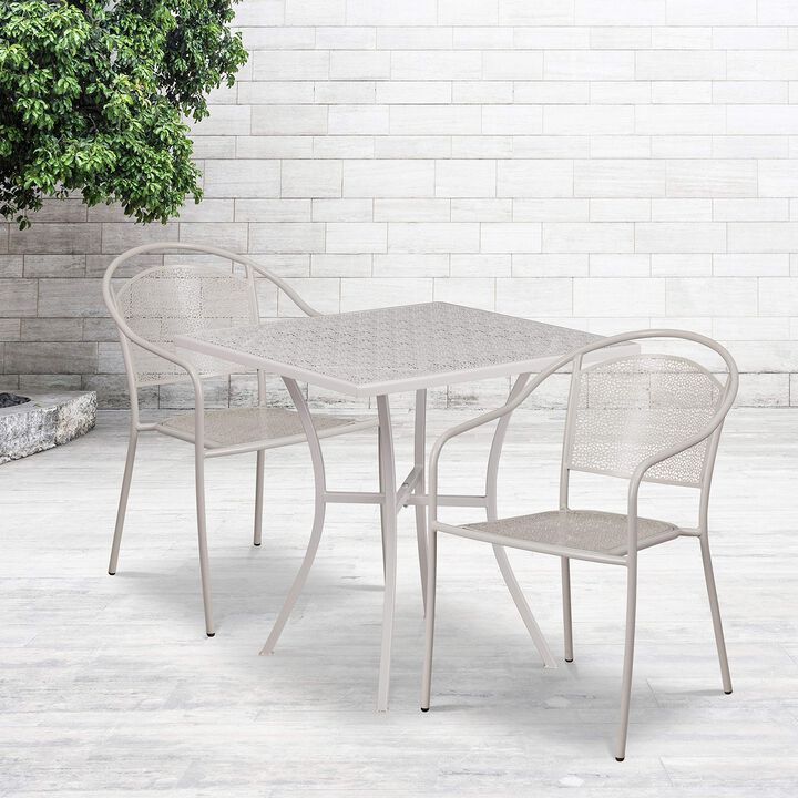 Flash Furniture Commercial Grade 28" Square Light Gray Indoor-Outdoor Steel Patio Table Set with 2 Round Back Chairs
