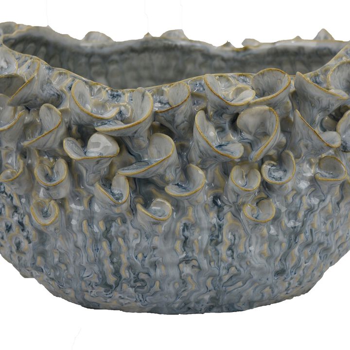 Nina Decorative Bowl, Light Blue, Textured Floral Gray Ceramic 13 Inch - Benzara