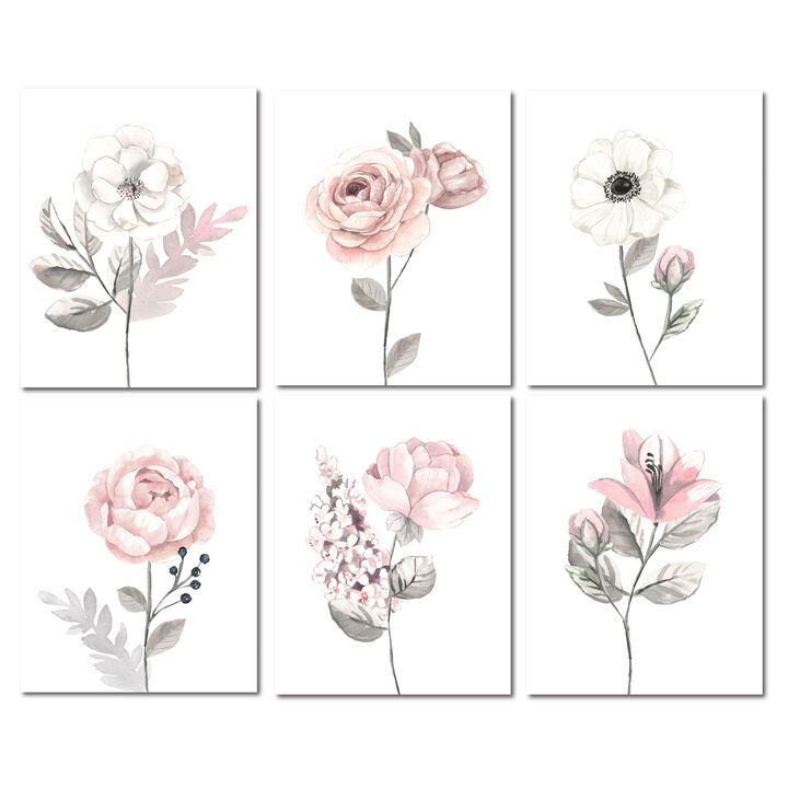 Lambs & Ivy Watercolor Floral Unframed Nursery Child Wall Art 6pc - Pink/Gray