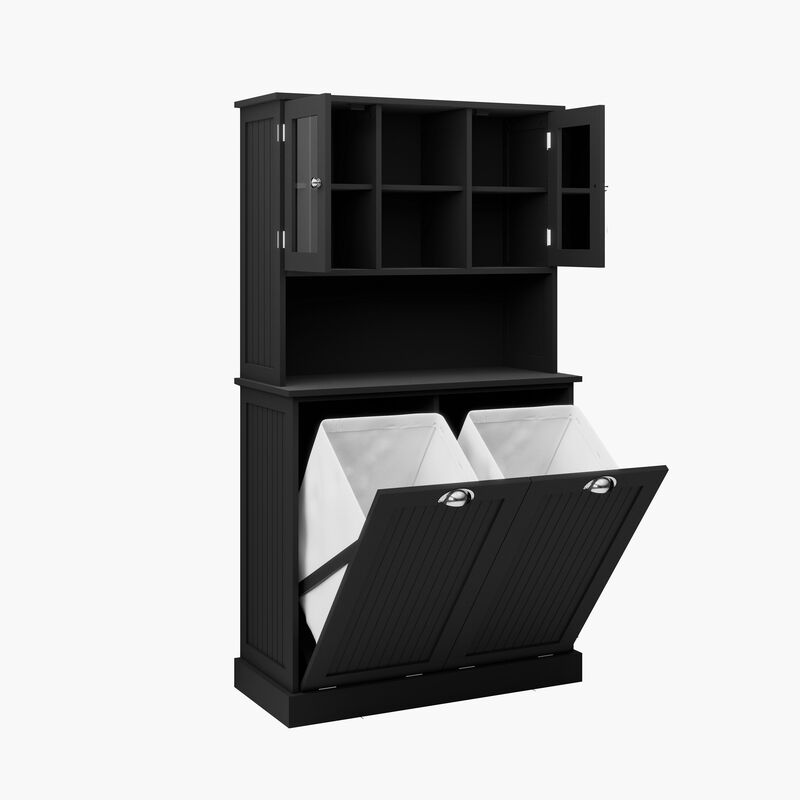 32.68 in. W. x 14.57 in. D x 59.69 in. H Black Freestanding Tilt-Out Linen Cabinet with Adjustable Shelves