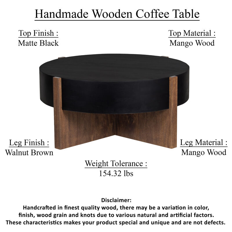 Naufe Coffee Table, 41 Inch Round Matte Black Top, Brown Cross Panel Legs, Mango Wood Frame