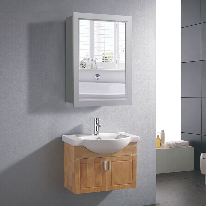 Costway Mirrored Medicine Cabinet Wall-Mounted Bathroom Storage Organizer W/Shelf Grey