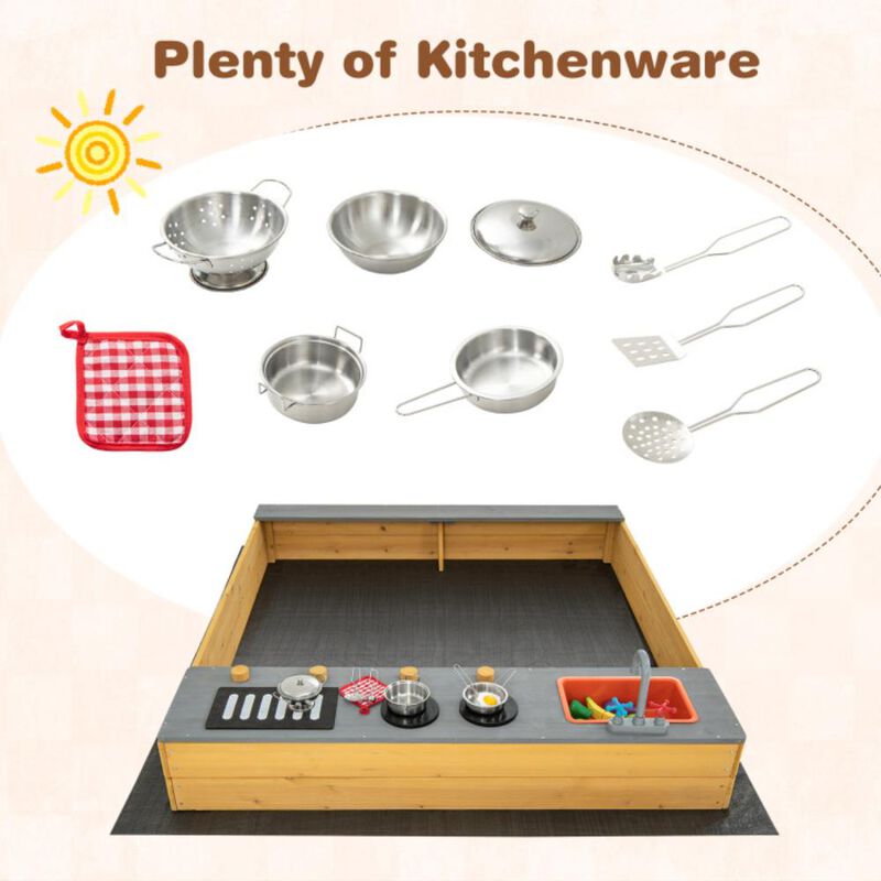 Hivvago Wooden Sandbox Kids Sand Pit with Kitchen Playset Accessories for 3-8 Years Old
