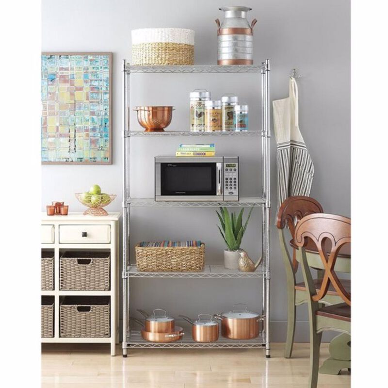 5-Layer Plated Shelf Durable Metal Storage Rack for Kitchen, Garage, or Office Organization