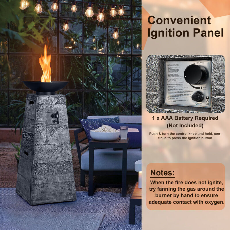 48 Inch Propane Fire Bowl Column with Lava Rocks and PVC Cover-Grey