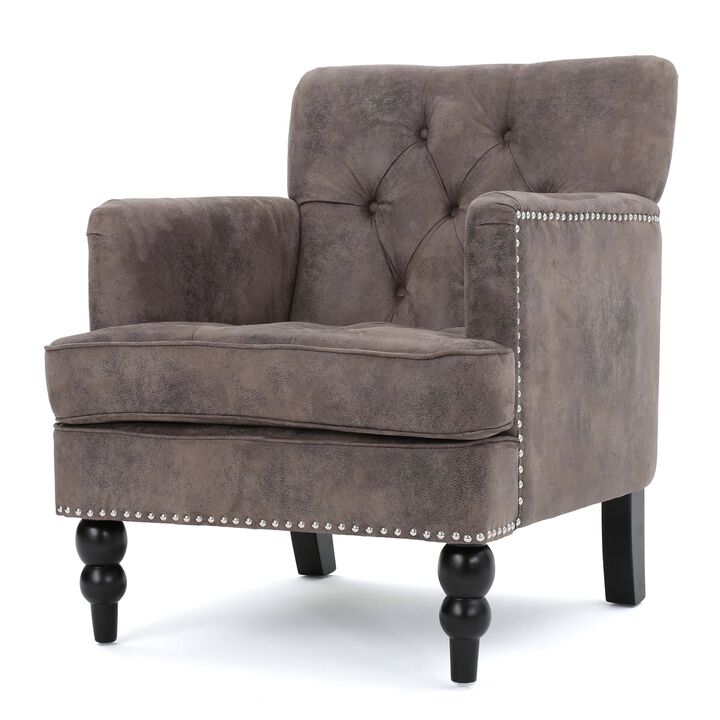 Lit Accent Chair with Gray Fabric Microfiber, Button Tufted Design - Benzara