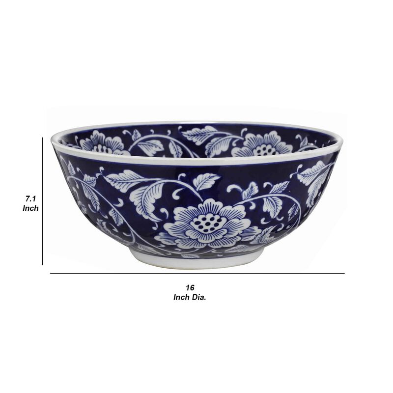 Round Ceramic Bowl with Floral Print, Set of 2, Blue And White, - Benzara