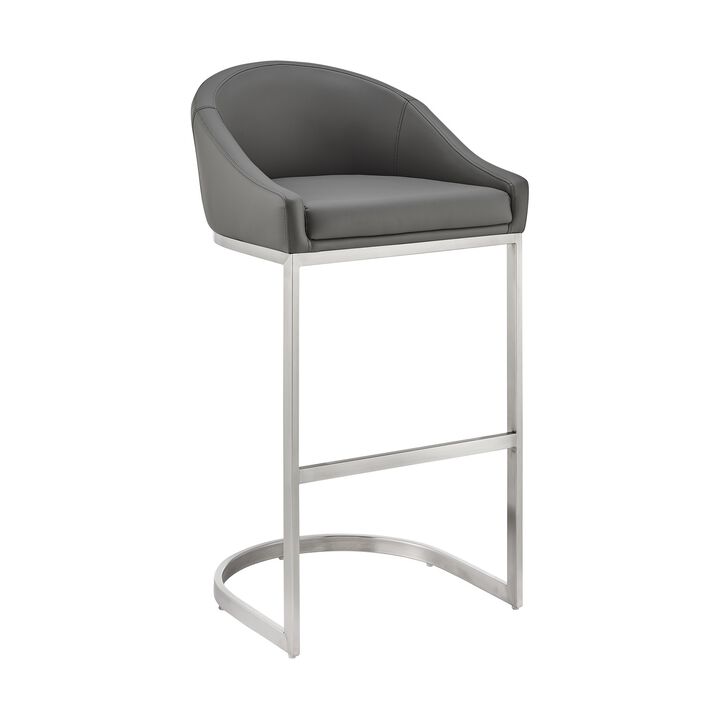 Holo 30 Inch Barstool Chair, L Shaped Cantilever Base, Gray Faux Leather - Benzara