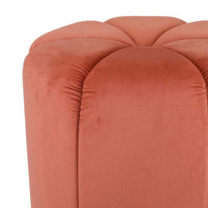 Sylvie Round Ottoman Stool, Soft Red Velvet, Gold Metal Base, 19 Inch - Benzara