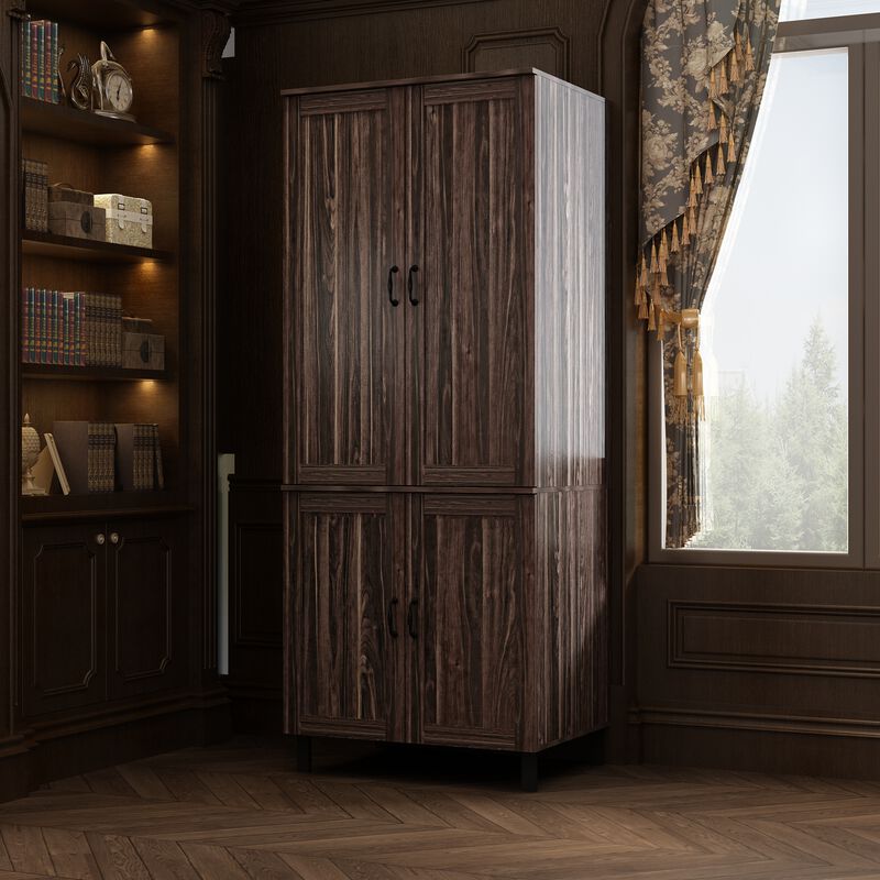 78.7 in. H Brown Wood Grain 4-Door Accent Cabinet Classic Style Kitchen Pantry Storage Cabinet With Adjustable Hinges
