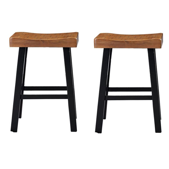 Bianca Counter Stool Set of 2, Light Brown Saddle Seat, Black Solid Wood