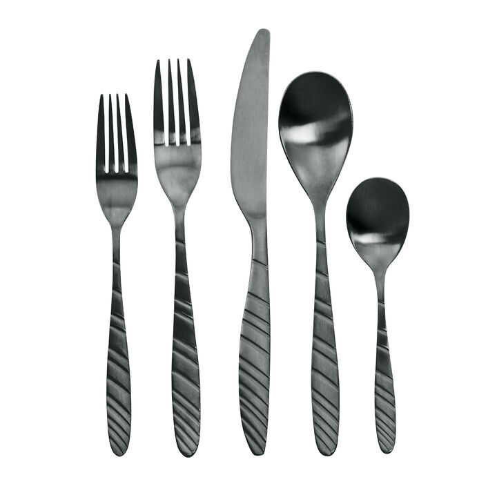 MegaChef La Vague 20 Piece Flatware Utensil Set, Stainless Steel Silverware Metal Service for 4 in Matte Black