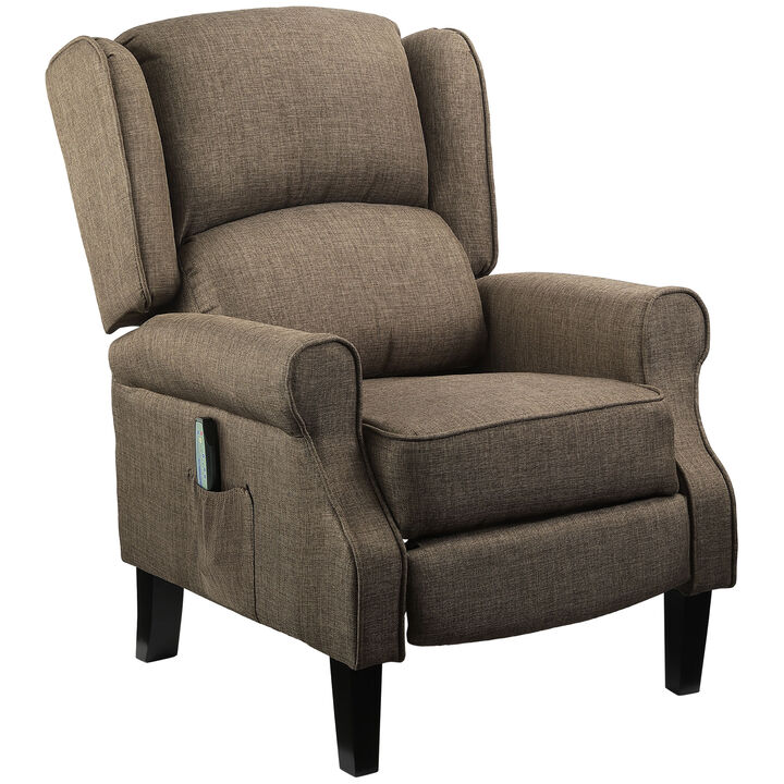 HOMCOM Vibrating Massage Recliner Chair for Living Room, Reclining Wingback Single Sofa with Heat, Linen Fabric Push Back Accent Chair with Footrest, Side Pocket, Brown