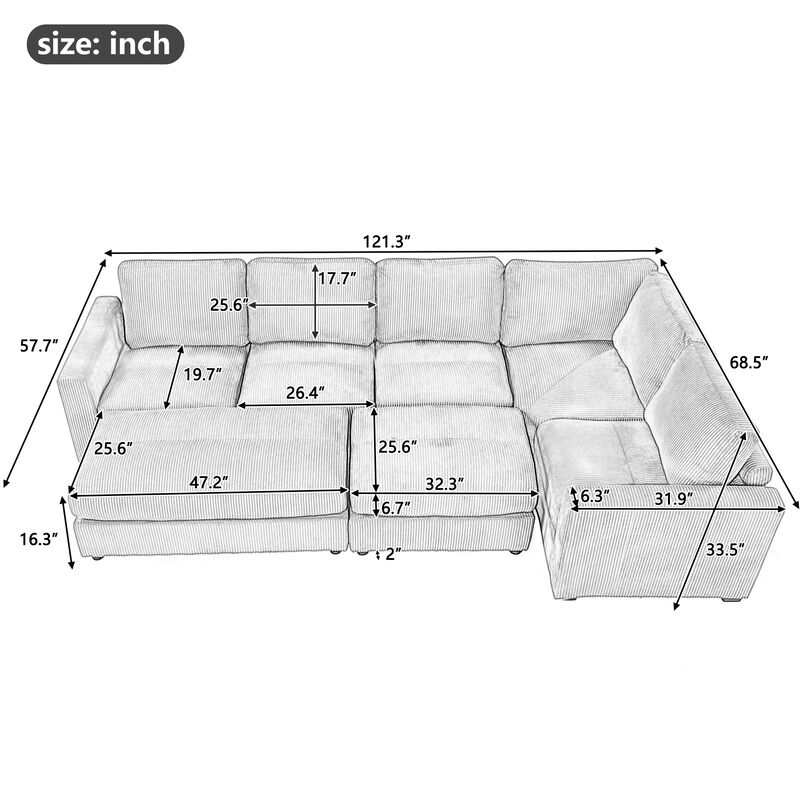 121.3" Sectional Couch Sofa Bed Modular Sofa with Two Movable Ottomans for Living Room, Gray