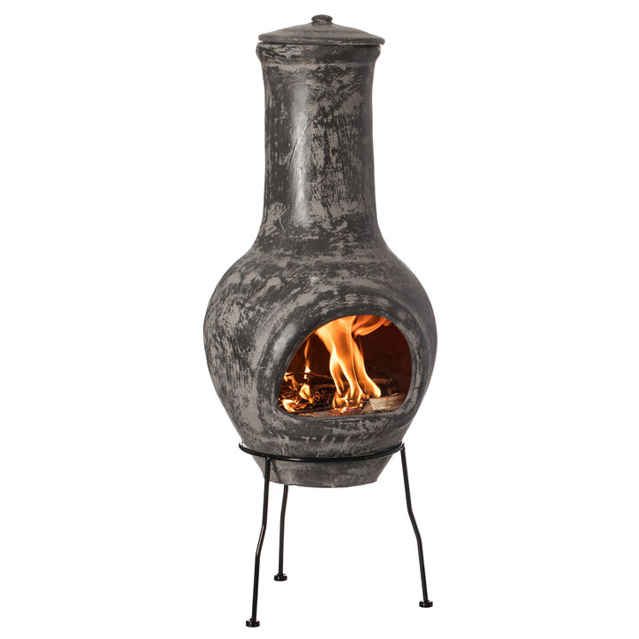 Gray Outdoor Clay Chiminea Outdoor Fireplace Stoney Scribbled Design Charcoal Burning Fire Pit with Sturdy Metal Stand, Barbecue, Cocktail Party, Family Gathering, Cozy Nights Fire Pit