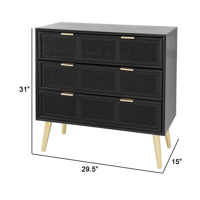 31 Inch Dresser Chest Cabinet, 3 Drawers, Woven Rattan, Modern, Black, Gold-Benzara