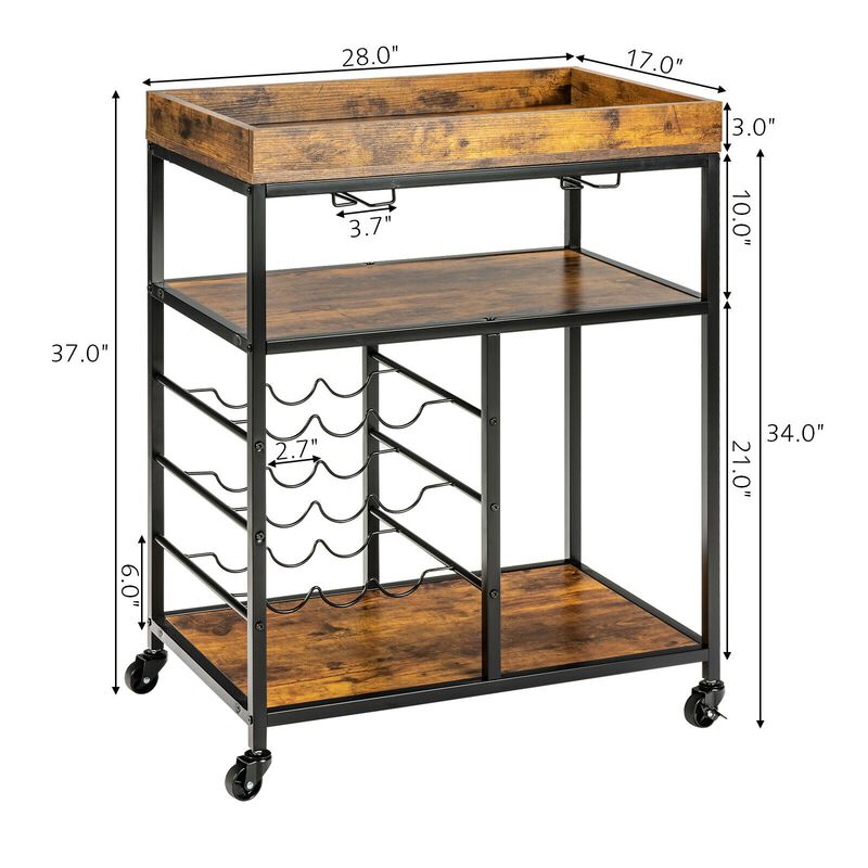 3-Tier Wood Rolling Kitchen Serving Cart with 9-Bottle Wine Rack for Stylish and Functional Storage