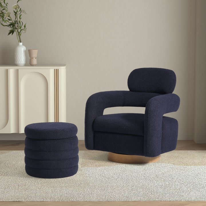 WestinTrends Mid-Century Modern Sherpa Swivel Barrel Accent Chair With Storage Ottoman