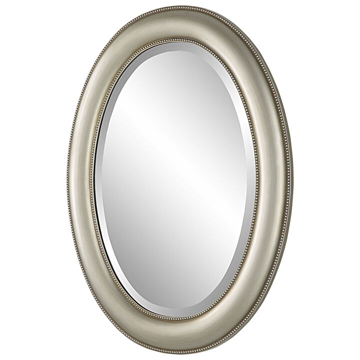 29 Inch Wood Wall Mirror, Beaded Oval Shape, Metallic Silver-Benzara