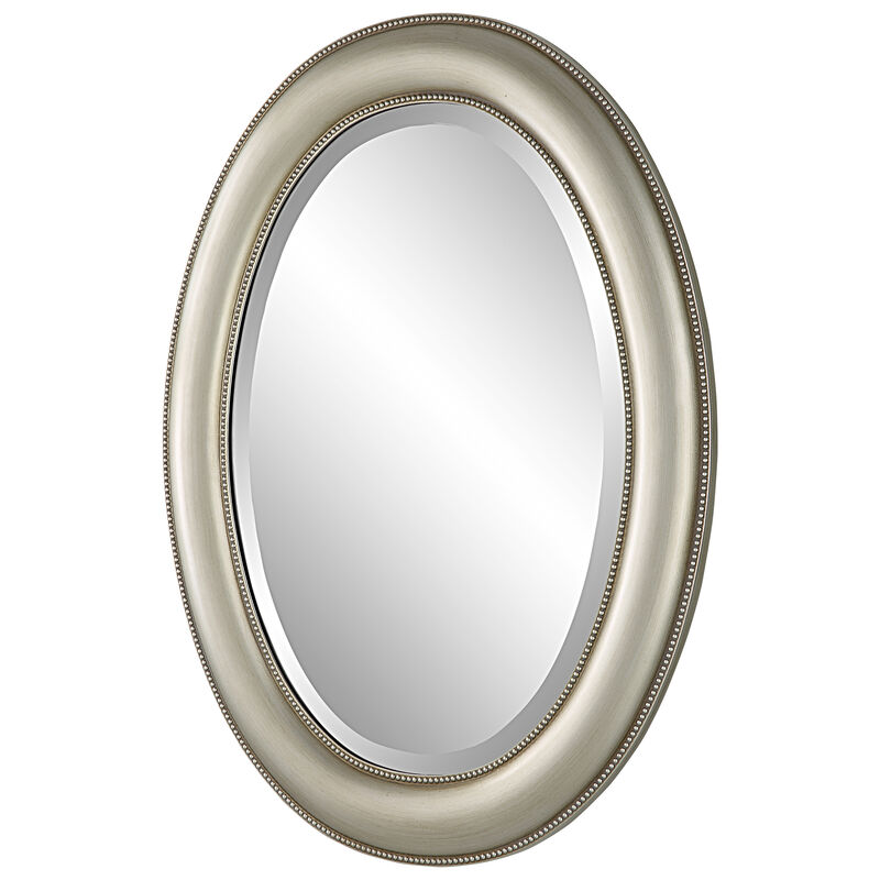 29 Inch Wood Wall Mirror, Beaded Oval Shape, Metallic Silver-Benzara