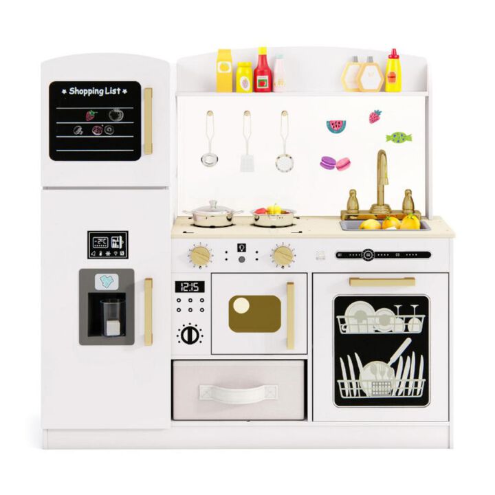 Kids Kitchen Playset with Chalkboard, Ice Maker, Sink, and Lighted Microwave for Pretend Play