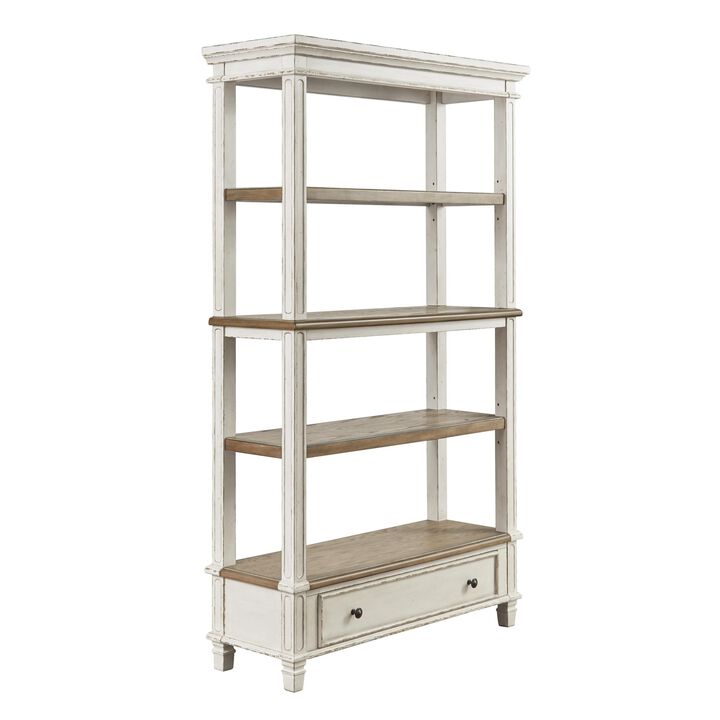 Wooden Bookcase with 4 Tier Shelves and Bottom Drawer, Brown and White-Benzara