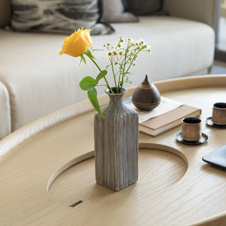 8 inch Tall Grey Striped Decorative Square Table Centerpiece Flower Vase Display Modern Home Decor Accent Stylish Elegant Ornamental Accessory Floral Arrangement Holder Living Room Dining Room Kitchen Decoration