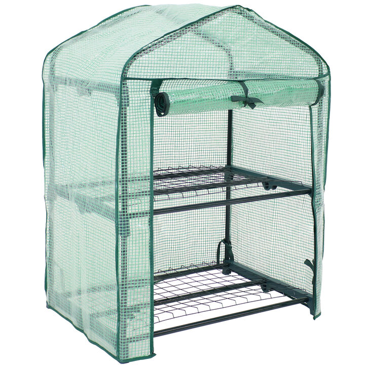 Sunnydaze 2-Tier Iron PVC Cover Mini Greenhouse and Roll-Up Zipper - Green