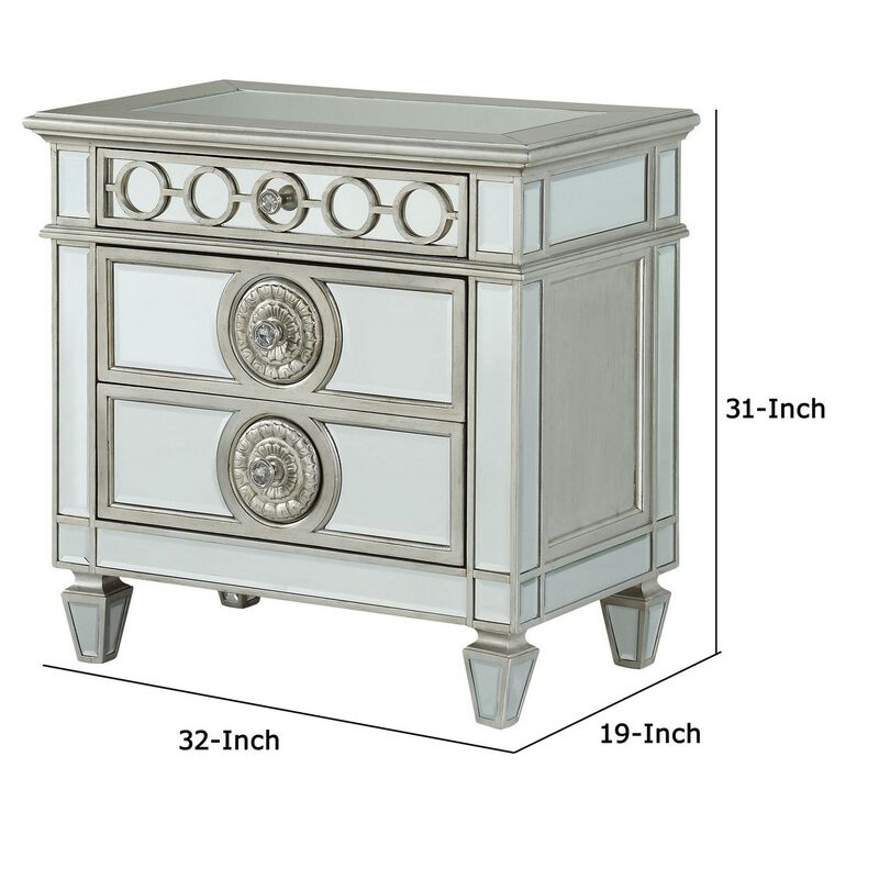 Mirror Accented Wooden Nightstand with 3 Storage Drawers, Silver-Benzara