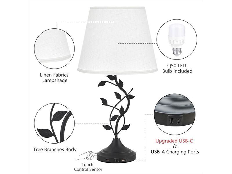 Table Lamp Bedside Lamp with USB C Charging Ports