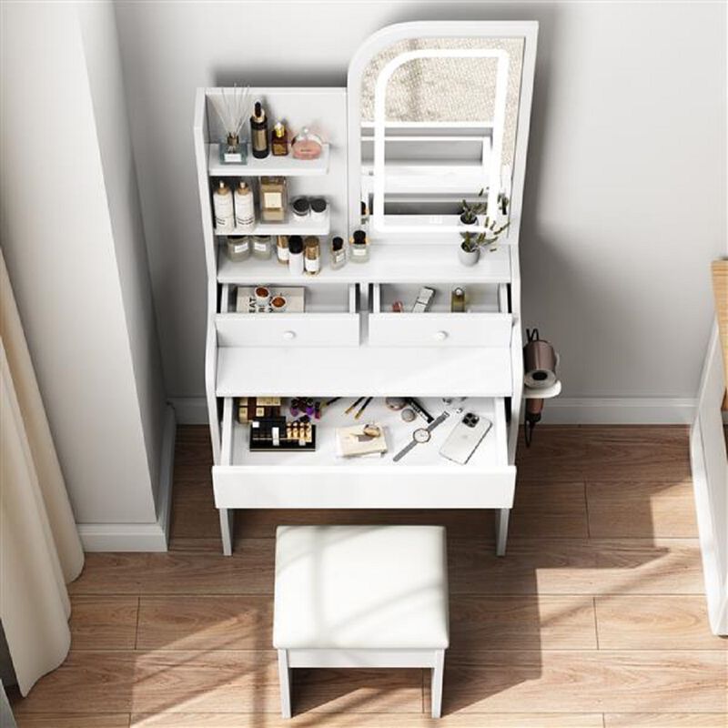 Vanity Desk with Lighted Mirror & Chair, 3 Drawers, Hair Dryer Holder & Adjustable LED Lights