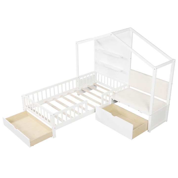 House Bed Kids Platform Bed with Padded Bench for Fun, Comfortable, and Practical Bedroom Design